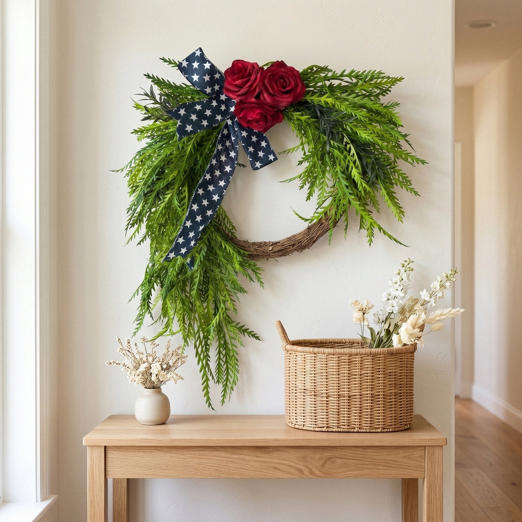 Patriotic Cascading Wreath Front Door Decor Red Rose American Flag Star Ribbon Green Foliage 4th of July Memorial Day Home Porch Wall Art
