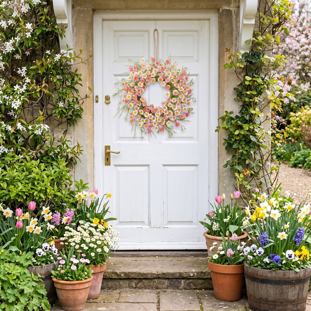 Artificial Daisy Wreath Spring Summer Floral Wreath with Pink and White Flowers for Front Door Wall Home Garden Porch Decoration