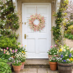 Artificial Daisy Wreath Spring Summer Floral Wreath with Pink and White Flowers for Front Door Wall Home Garden Porch Decoration