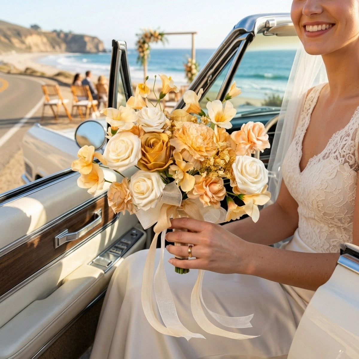 Blush peony and champagne rose artificial bouquet held by bride