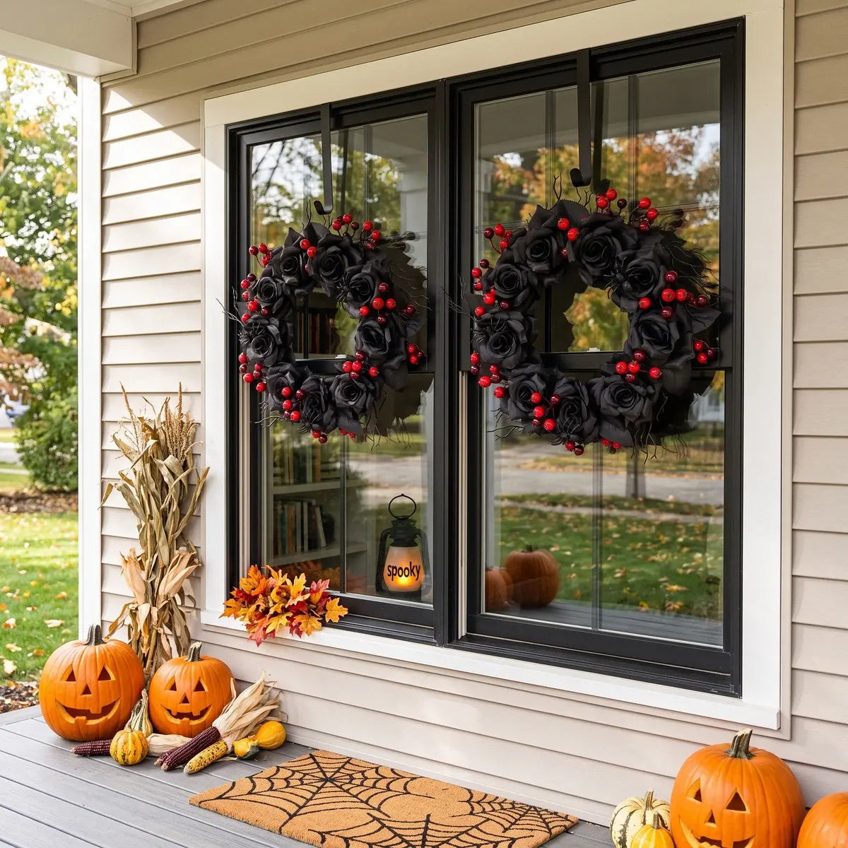 Gothic black rose Halloween wreath with red berries and spider accents displayed on a front door for Halloween decor

