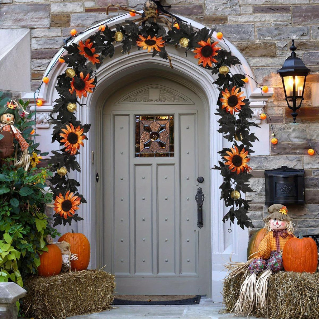 Black Halloween Garland | Artificial Maple Leaf Sunflower Pumpkin Vine for Fireplace Door Mantel & Party Decor in Yellow Orange