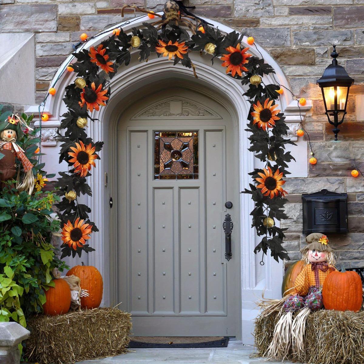 Black Halloween Garland | Artificial Maple Leaf Sunflower Pumpkin Vine for Fireplace Door Mantel & Party Decor in Yellow Orange