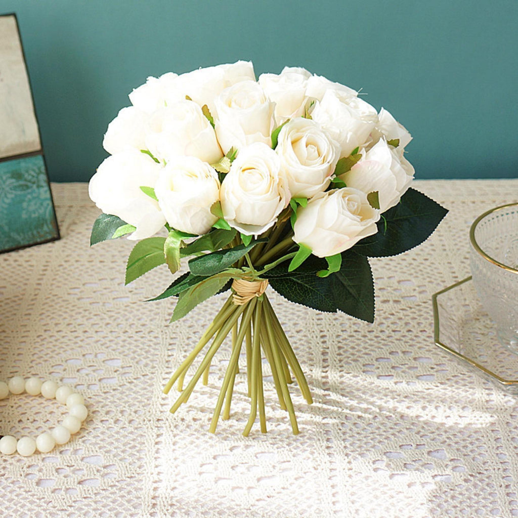 18 Heads Long Stem Silk Rose Artificial Flowers | Wedding Bouquet Centerpiece Bridal Shower Party & Home Decor in Beige Pink White