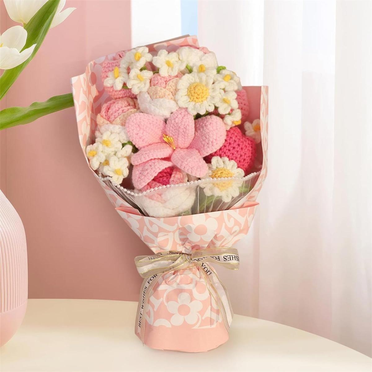 Handmade Crochet Flower Bouquet Pink | Eternal Rosy Flowers for Home Room Decor Wedding Anniversary Birthday & Festival Gift