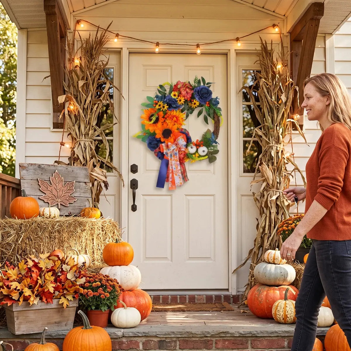 Person hanging a colorful harvest fall wreath with sunflowers and pumpkins on a front door for Halloween Thanksgiving decor
