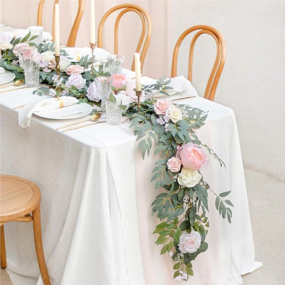 6FT Eucalyptus & Willow Leaf Garland with White Flowers | Wedding Table Backdrop Party Decor 4 Colors
