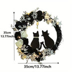 Halloween Black Cat Moon Wreath with Rose Flowers | Front Door Wall Window & Party Decor in White Orange Purple
