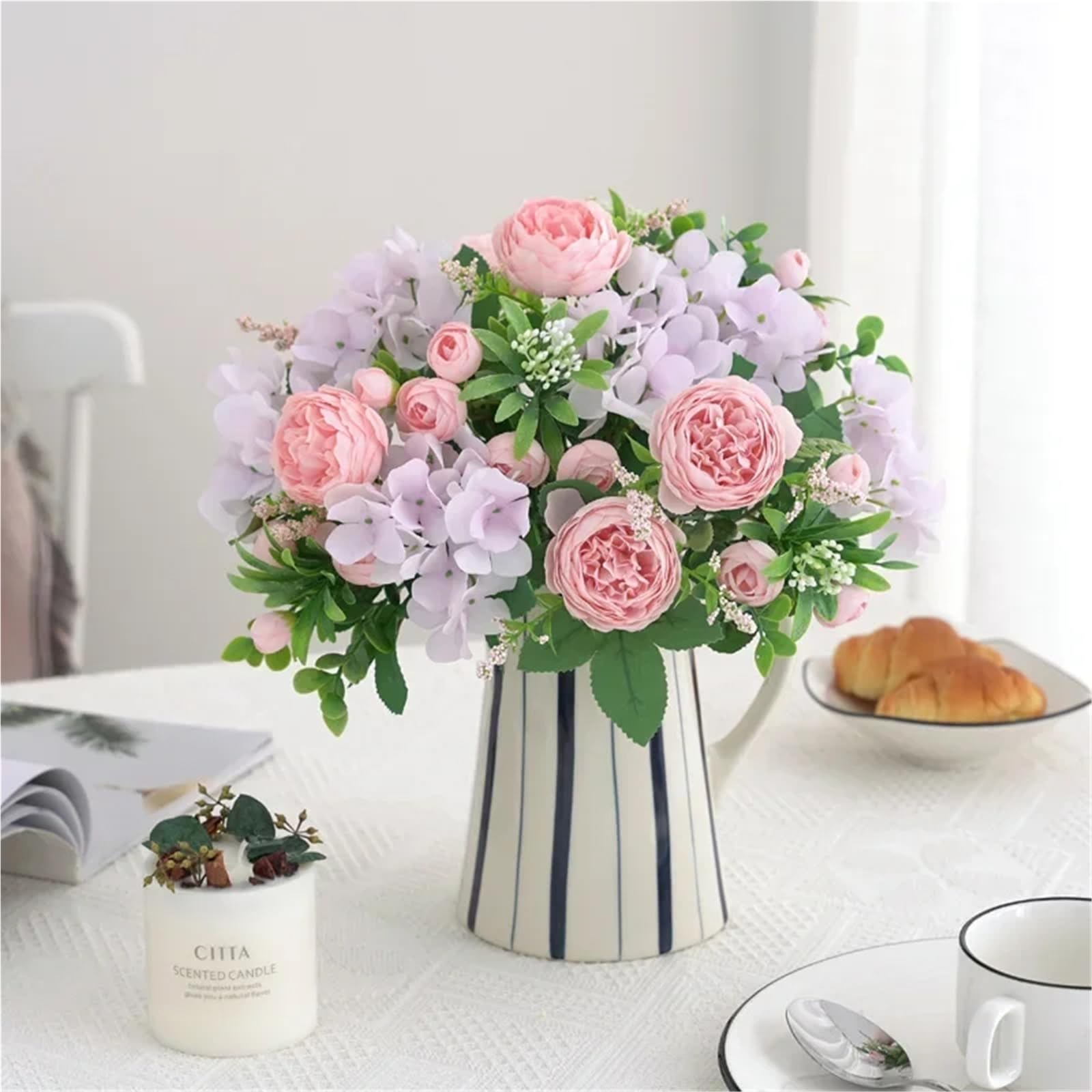 Artificial Rose Bouquet | Faux Flowers for Vase Table Centerpiece Wedding Bridal Baby Shower & Cake Topper in White Purple Blue Green Pink
