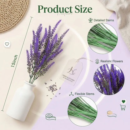 Product size chart: artificial lavender bundle 15 inches tall in white ceramic vase, detailed green stems, realistic purple flowers, flexible bendable stems, 8 bundles pack