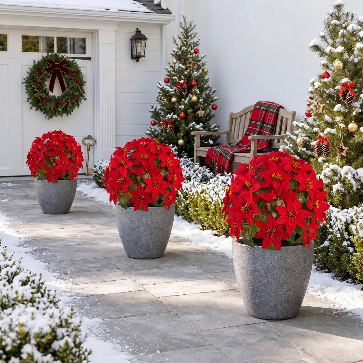Red artificial poinsettia ball in pot and ground stake Christmas outdoor arrangement – IPOPU
