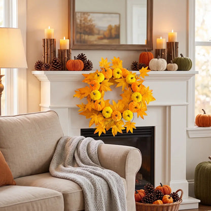 Artificial autumn wreath with sunflowers and maple leaves styled in a cozy living room for fall harvest home decor
