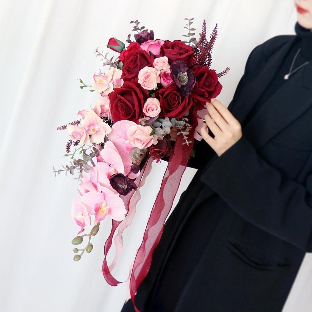 Handmade Teardrop Bridal Bouquet | Wedding Ceremony Bridal Shower Anniversary & Photo Shoot in Champagne Orange Red Blue Claret
