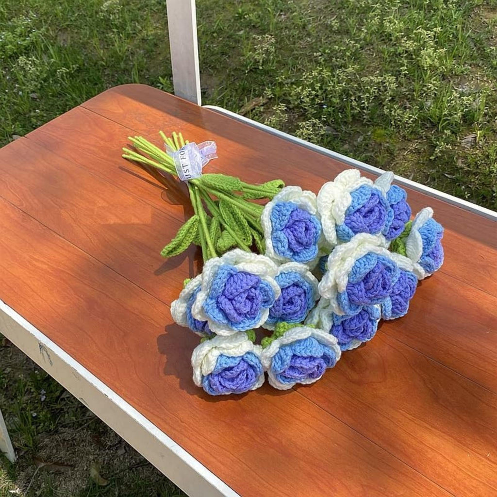 Handmade Crochet Rose Bouquet Set of 6 | Cotton Flower Gift for Valentine's Day Birthday Home Decor in Purple Pink Blue