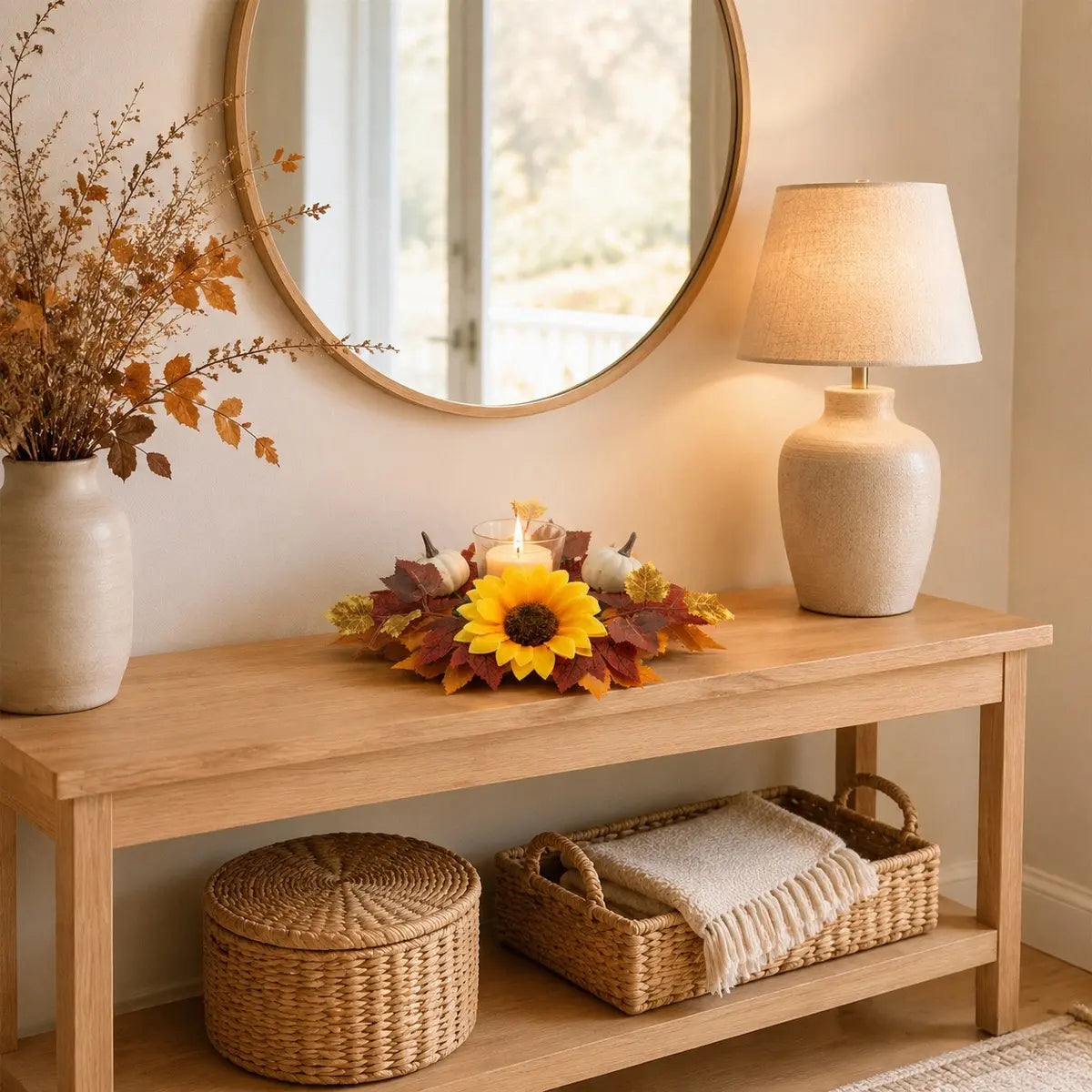 Fall candle ring wreath with sunflower, white pumpkins and maple leaves styled around a candle on a console table with mirror