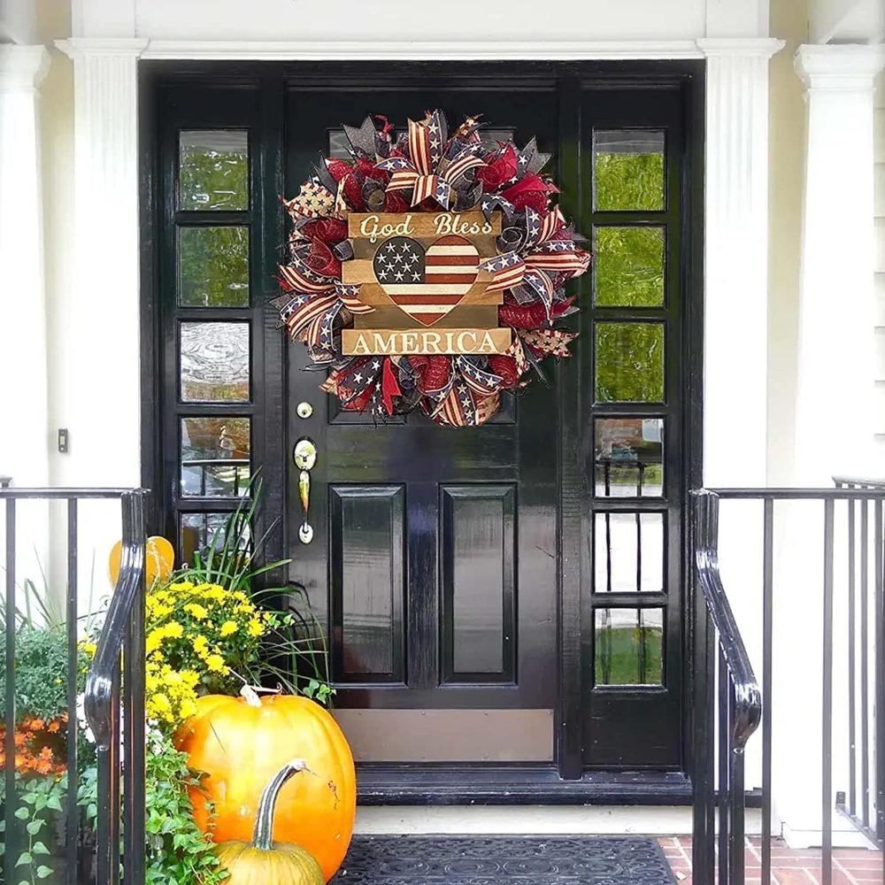 4th Of July Wreath For Front Door, Patriotic American Flag Burlap Design, Independence Day Decoration, Red White Blue Farmhouse Ornament
