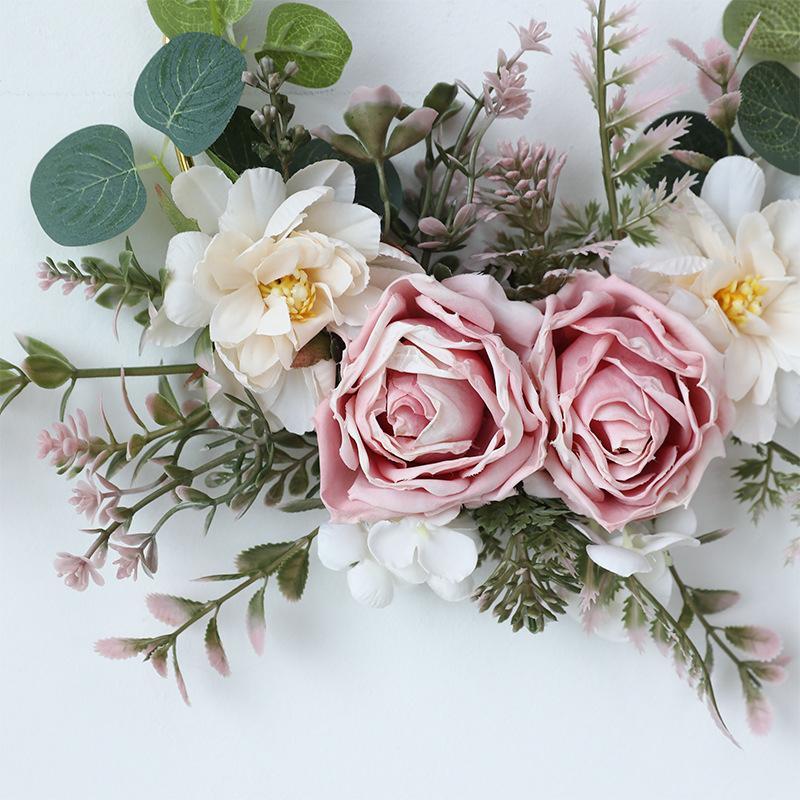 Iron Rose Wreath Simulation Flower Wall Hanging Basket | Home Door Entryway Wedding Decor in Pink White