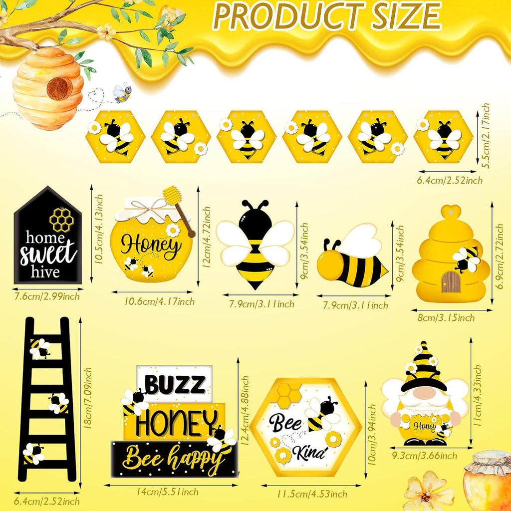 Summer Tiered Tray Decor Set | Honey Bee Gnome Wooden Signs & Yellow Truck for Farmhouse Kitchen Home Party