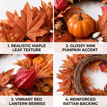 Fall Wreath for Front Door | Artificial Autumn Harvest Decor with Maple Leaves & Mini Pumpkins