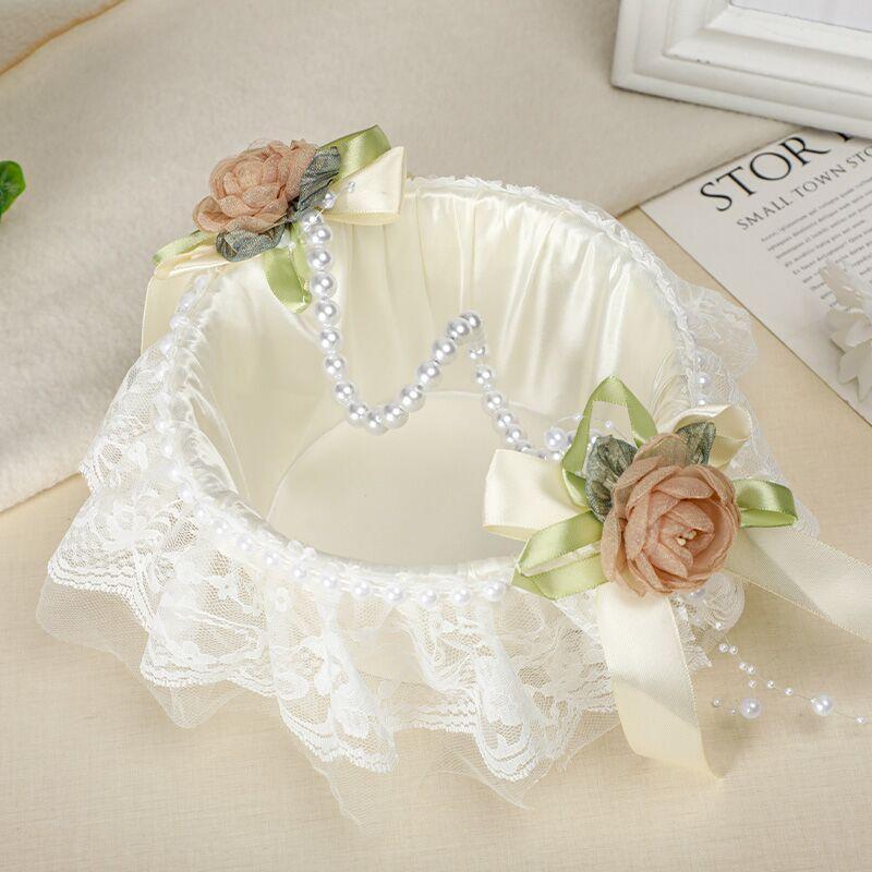 Wedding Flower Girl Basket with Pearl Handle | Satin Petal Basket for Wedding Ceremony Bridal Shower & Home Decor in Beige White