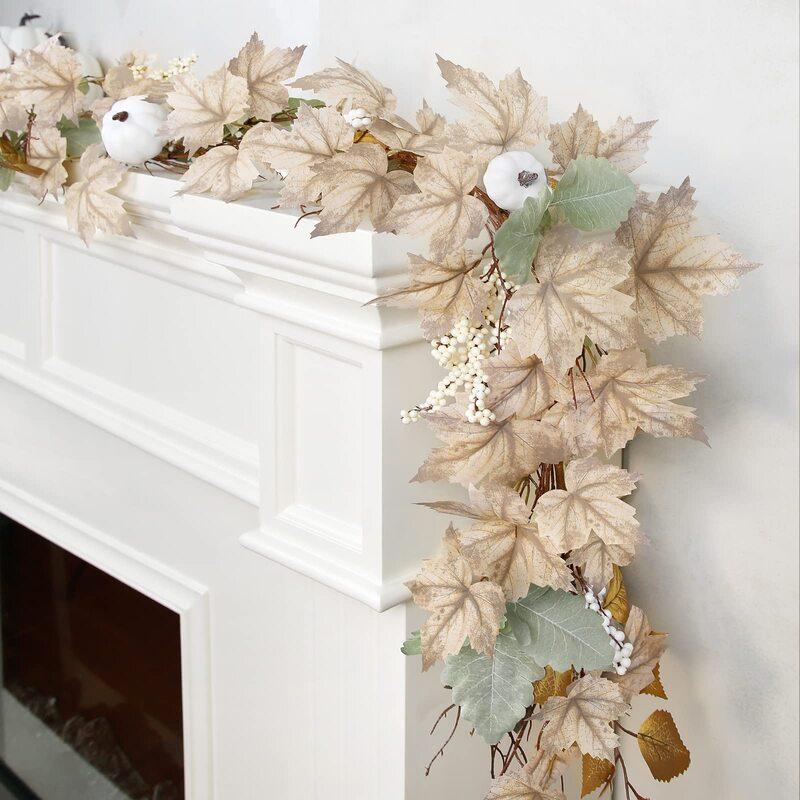 Fall garland with maple leaves pumpkins & berries arranged for thanksgiving autumn by IPOPU