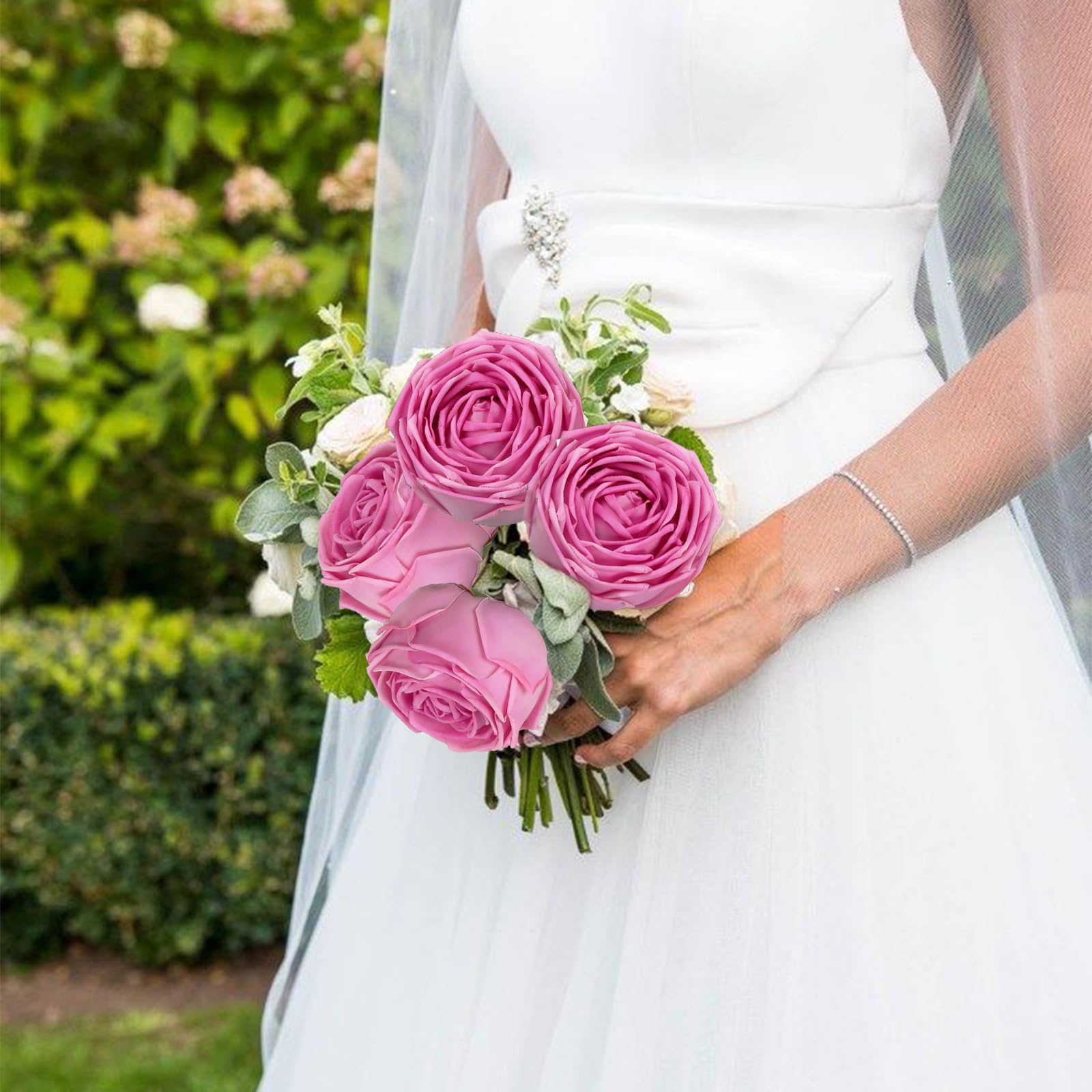 Real Touch Fuchsia Rose Stems 5pcs | Wedding Bouquet Centerpiece Home Decor in White Pink Dark Pink Beige Light Pink