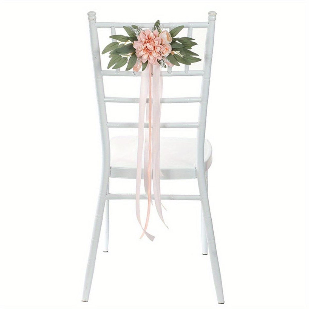 Artificial Rose Chair Decor 4pcs with Eucalyptus & Ribbons | Wedding Ceremony Aisle & Engagement Party Decoration in White Blue Pink Light Pink