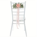 Artificial Rose Chair Decor 4pcs with Eucalyptus & Ribbons | Wedding Ceremony Aisle & Engagement Party Decoration in White Blue Pink Light Pink