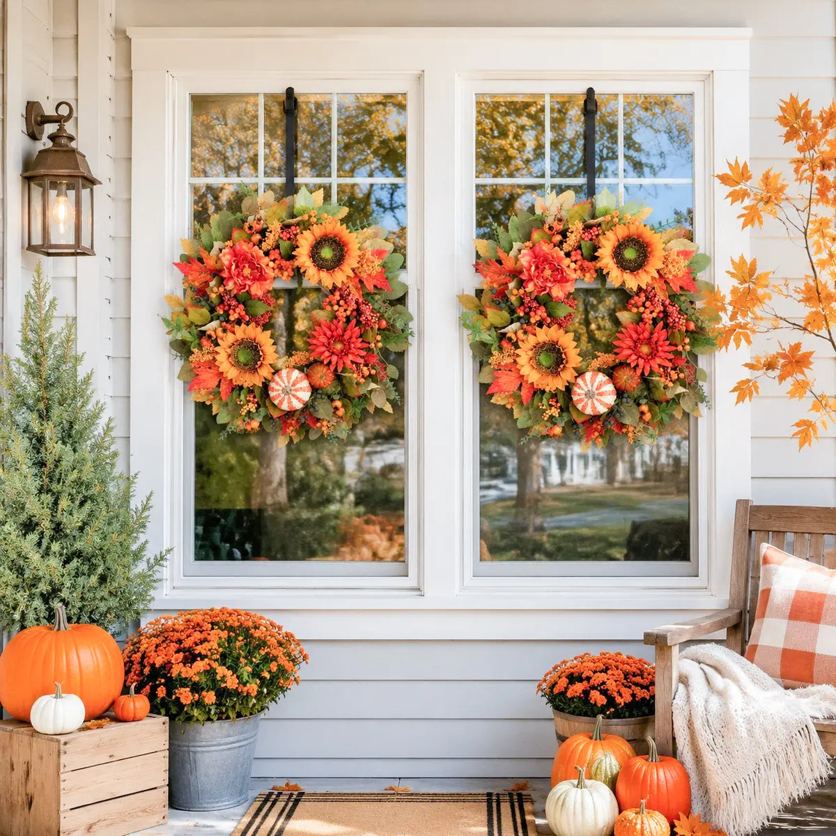 Fall harvest wreath with pumpkins and dahlia flowers hanging on double white French doors with porch pumpkins and fall foliage