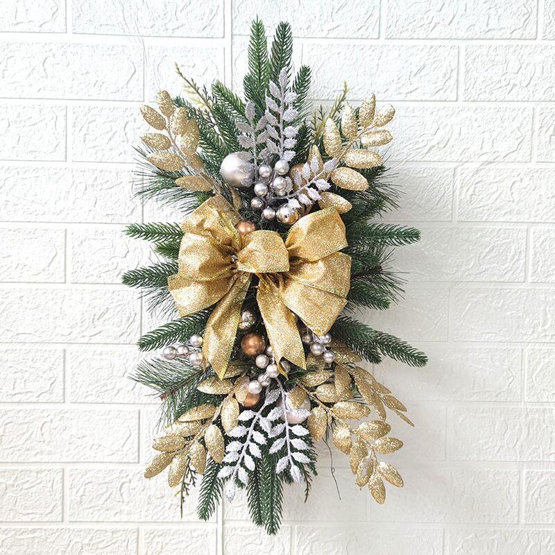 Christmas Door Swag with Bow, Artificial Pine Needle Swag with Berries & Glitter Leaves for Front Door Wall Fireplace Staircase Holiday Decor