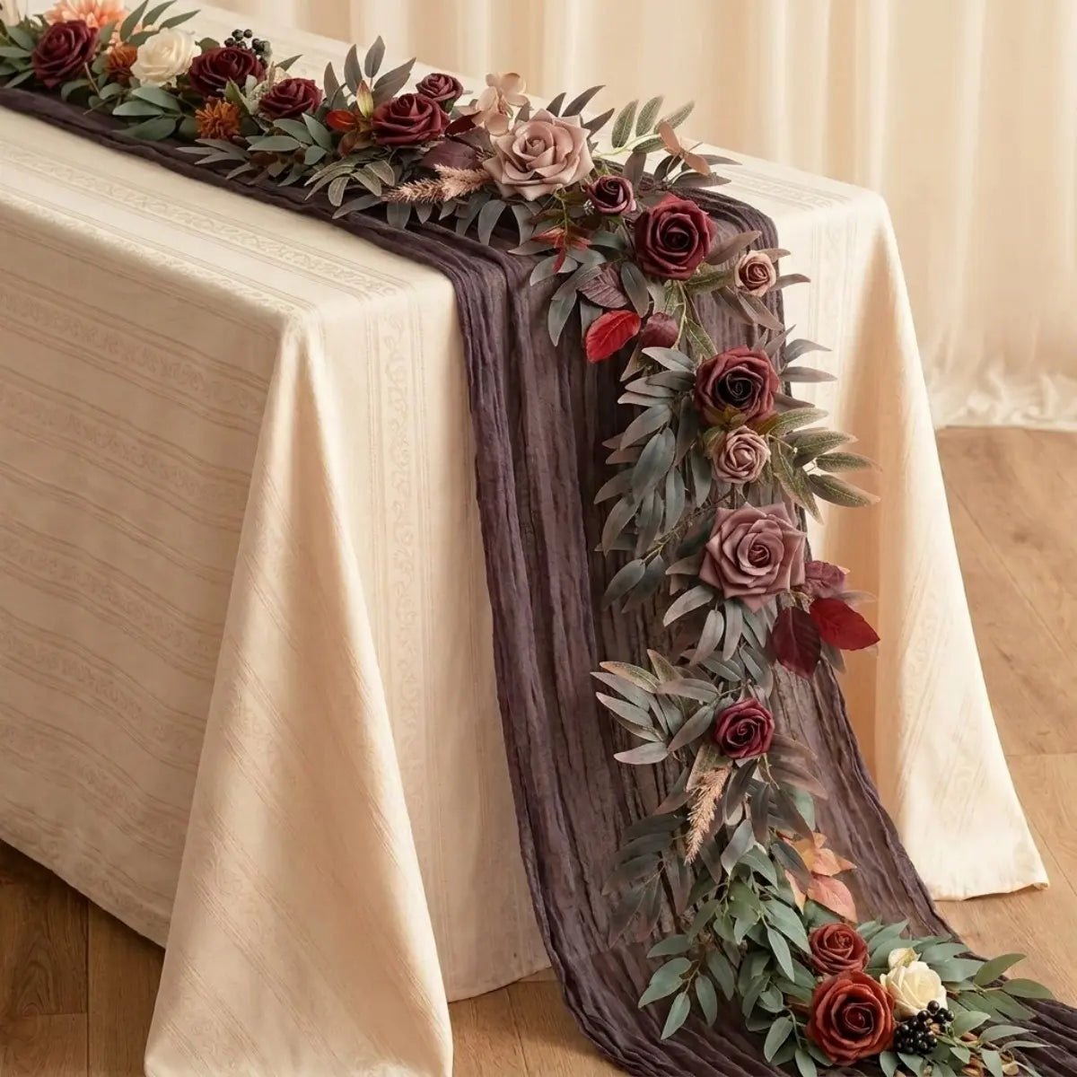 70 Inch Black Maroon Eucalyptus Rose Garland Styled as Gothic Wedding Sweetheart Table Runner
