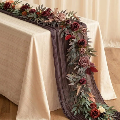 70 Inch Black Maroon Eucalyptus Rose Garland Styled as Gothic Wedding Sweetheart Table Runner
