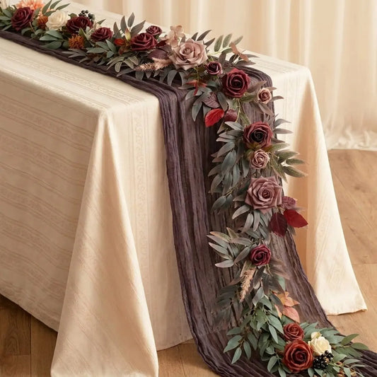 70 Inch Black Maroon Eucalyptus Rose Garland Styled as Gothic Wedding Sweetheart Table Runner
