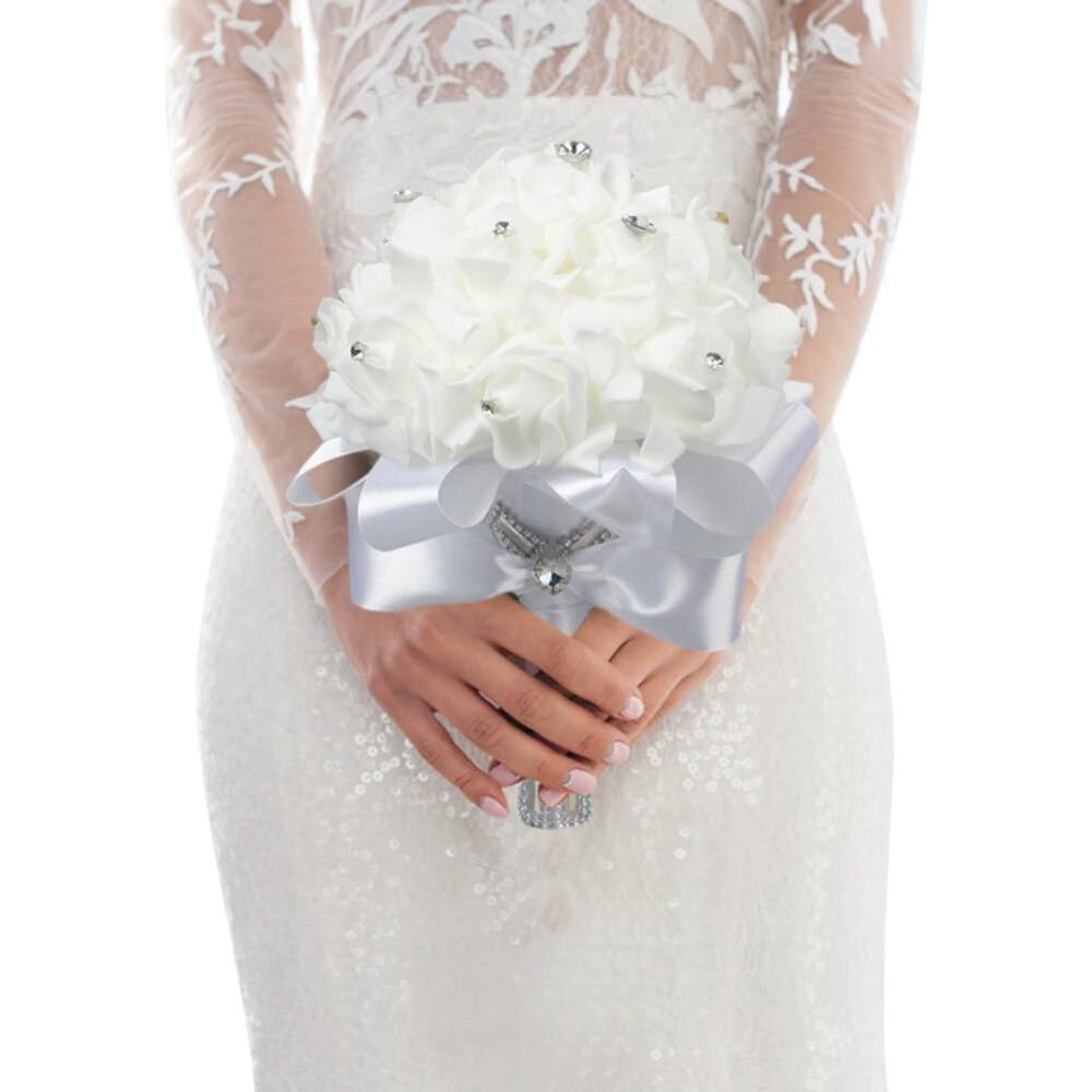 Crystal Diamond Rose Bridal Bouquet | Wedding Bride Bridesmaid Church & Party in Ivory White