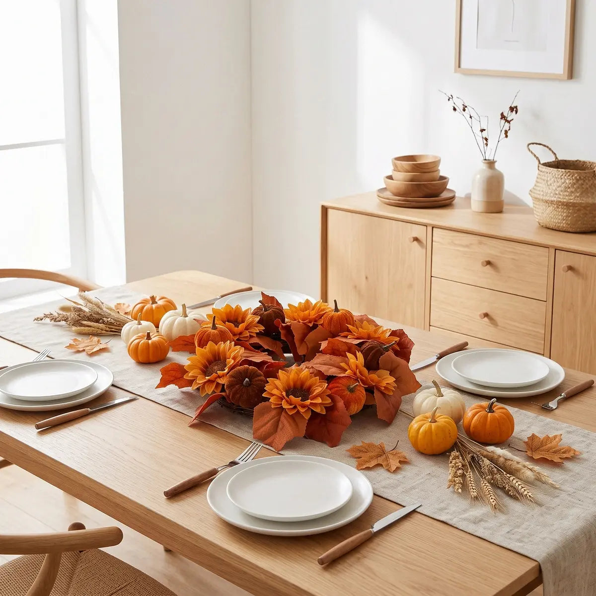 Fall sunflower wreath with autumn leaves and berries styled as a Thanksgiving table centerpiece with seasonal decor
