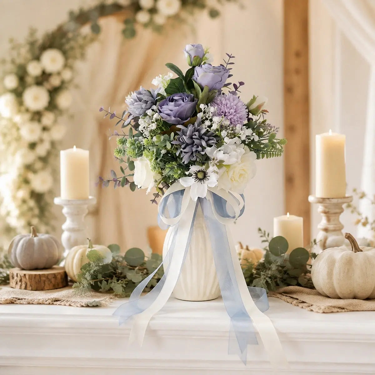 Artificial dusty purple rose bouquet with white anemone and satin ribbon on white mantel with candles and pumpkins at barn wedding – IPOPU
