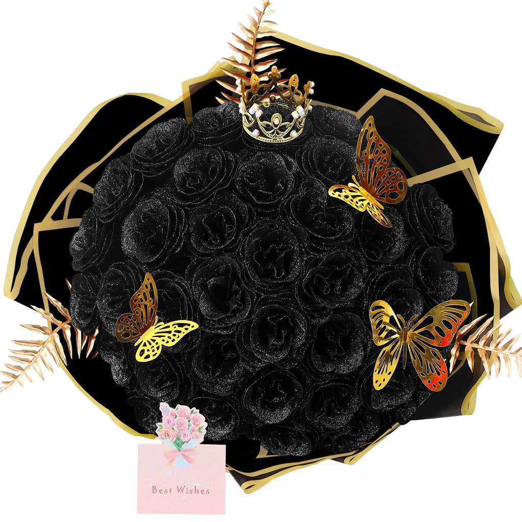 DIY Glitter Rose Bouquet Gift Set 24pcs | Graduation Birthday Gift with Stickers Ribbons Butterflies Crown in 7 Colors (Assembly Required)