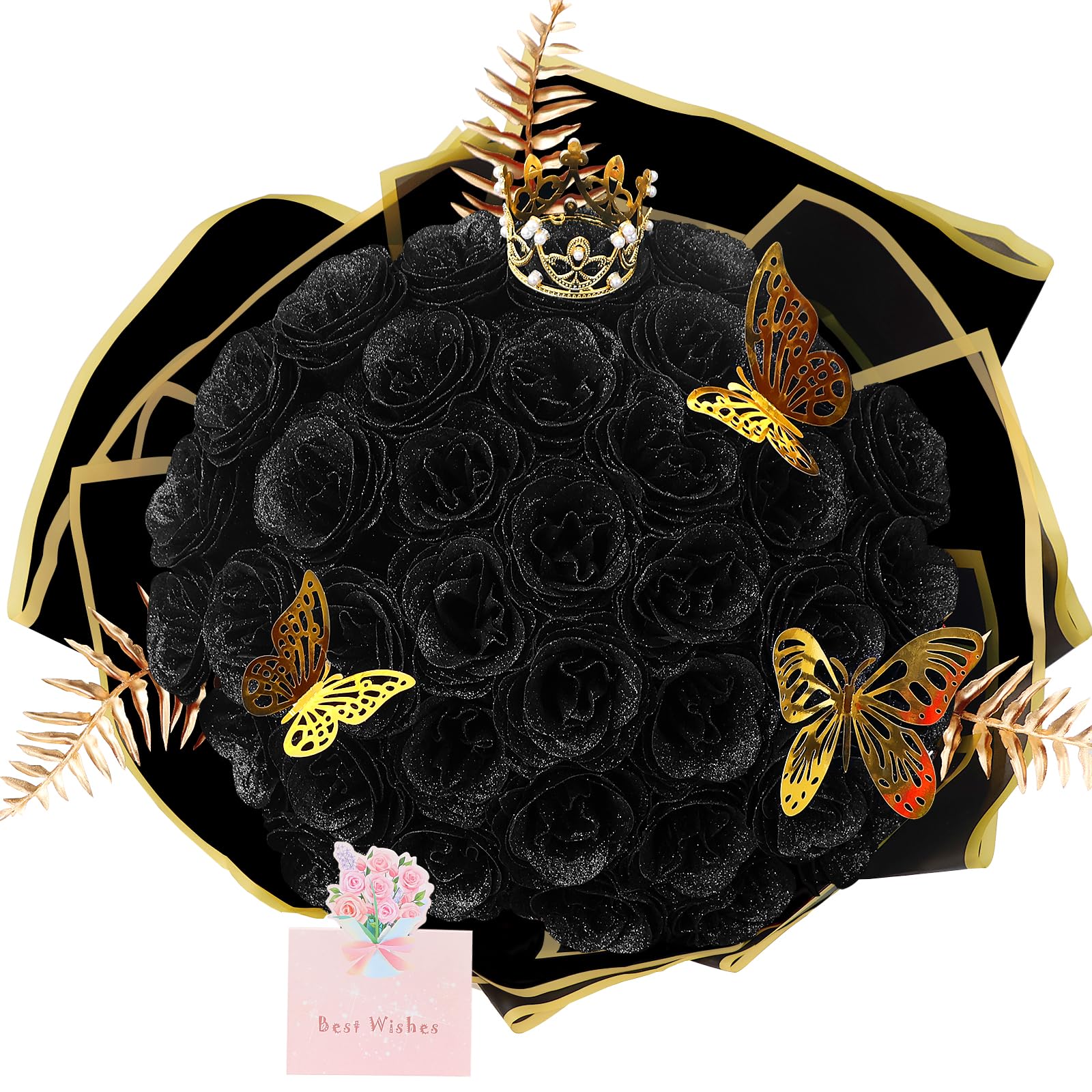 DIY Glitter Rose Bouquet Gift Set 24pcs | Graduation Birthday Gift with Stickers Ribbons Butterflies Crown in 7 Colors (Assembly Required)