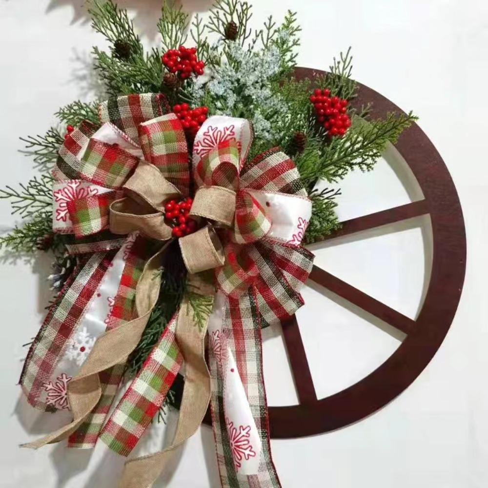 Farmhouse Wagon Wheel Christmas Wreath | Rustic Front Door Holiday Decor with Ribbon Bow & Berry Accents