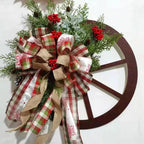 Farmhouse Wagon Wheel Christmas Wreath | Rustic Front Door Holiday Decor with Ribbon Bow & Berry Accents