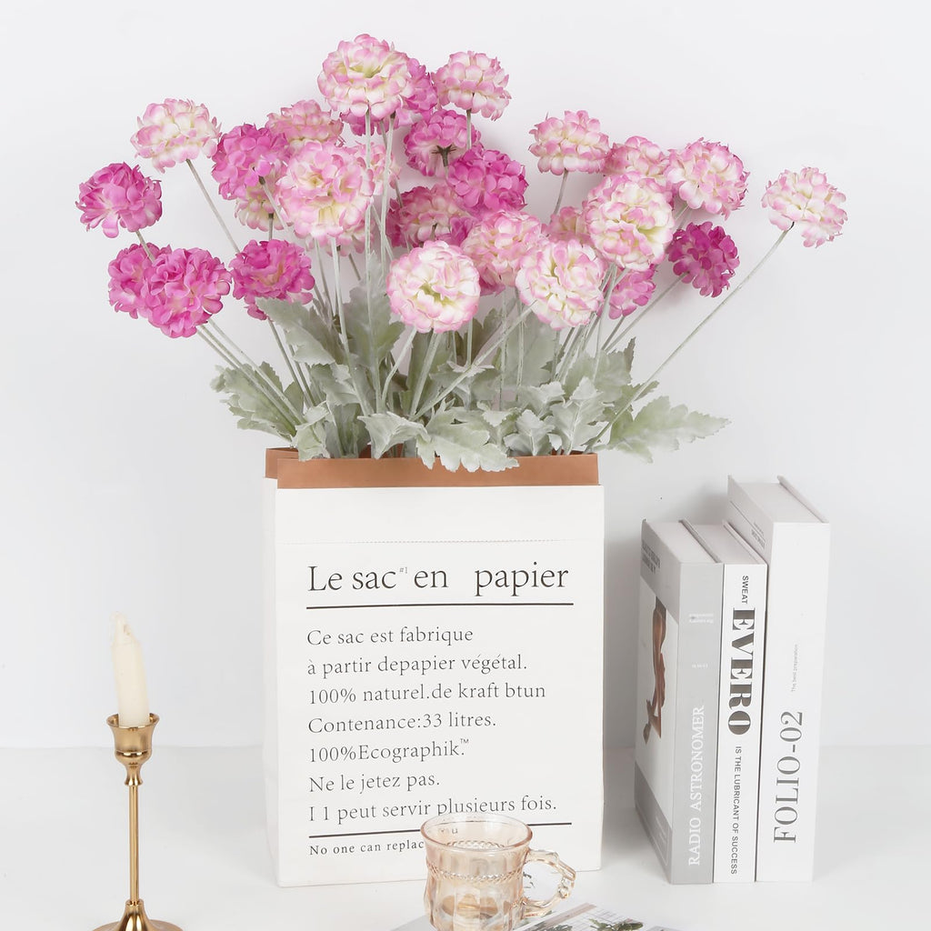 Faux Kiku Chrysanthemum Ball Flowers 5pcs 24 Heads Flocking Stems | Wedding Bouquet Home Table Decor in Pink Ivory Blue Yellow Mix Pink