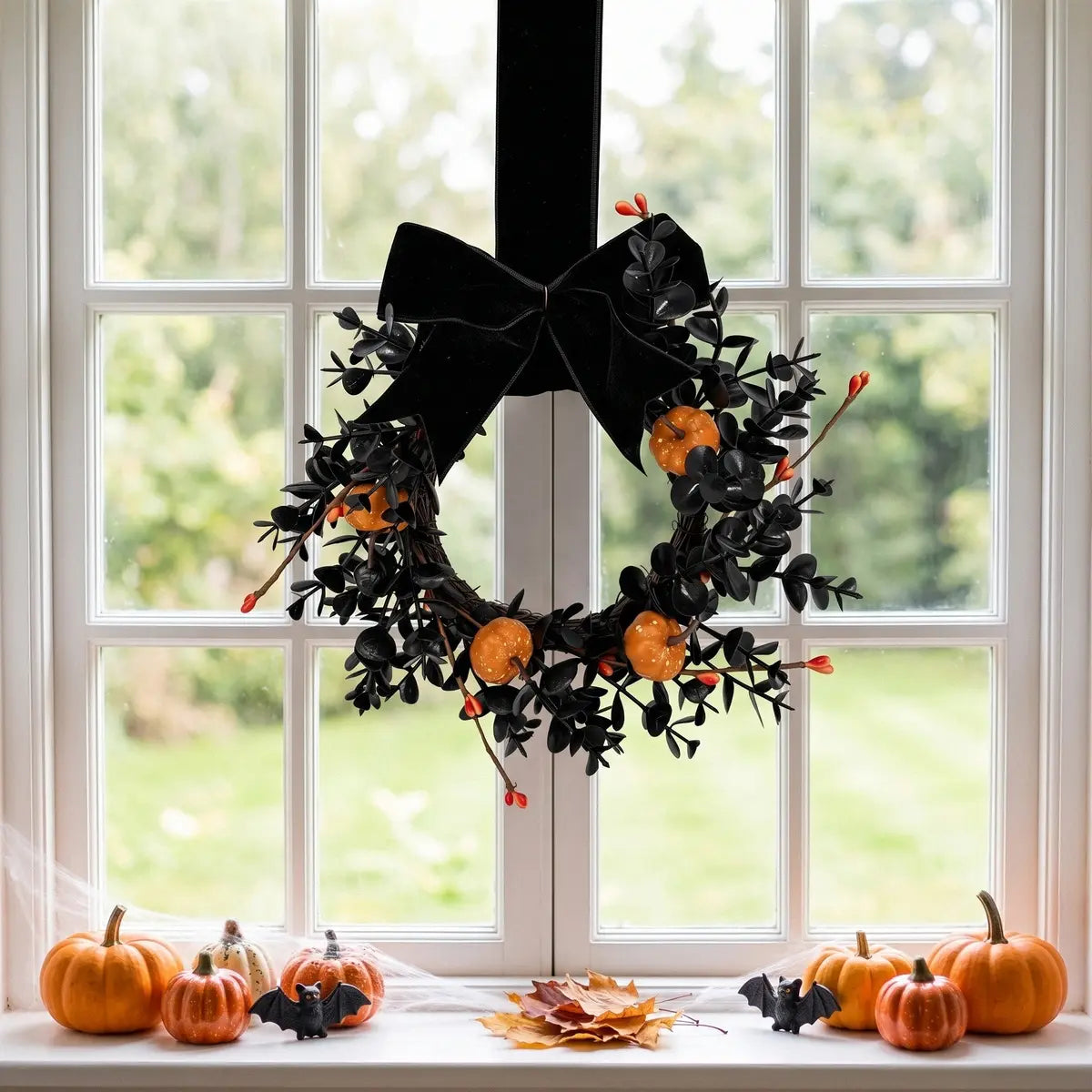 Gothic Halloween mini wreath with black velvet bow and orange pumpkins hanging on a window with fall seasonal decor