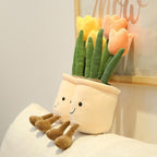 Tulip Flower Pot Stuffed Throw Plushie Pillow Doll, Soft Fluffy Plant Friend Hugging Cushion - Present for Every Age & Occasion