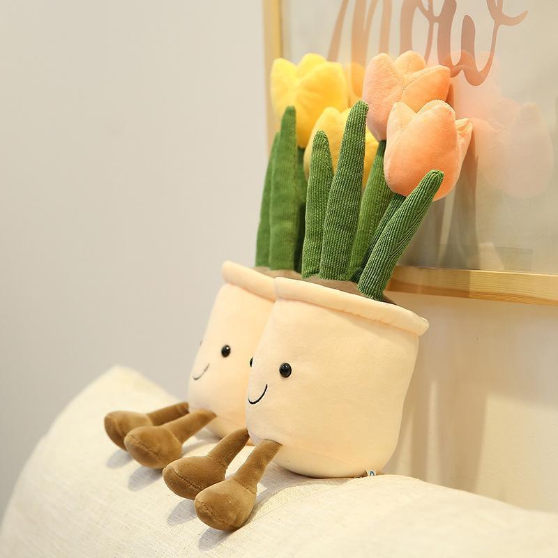 Tulip Flower Pot Stuffed Throw Plushie Pillow Doll, Soft Fluffy Plant Friend Hugging Cushion - Present for Every Age & Occasion