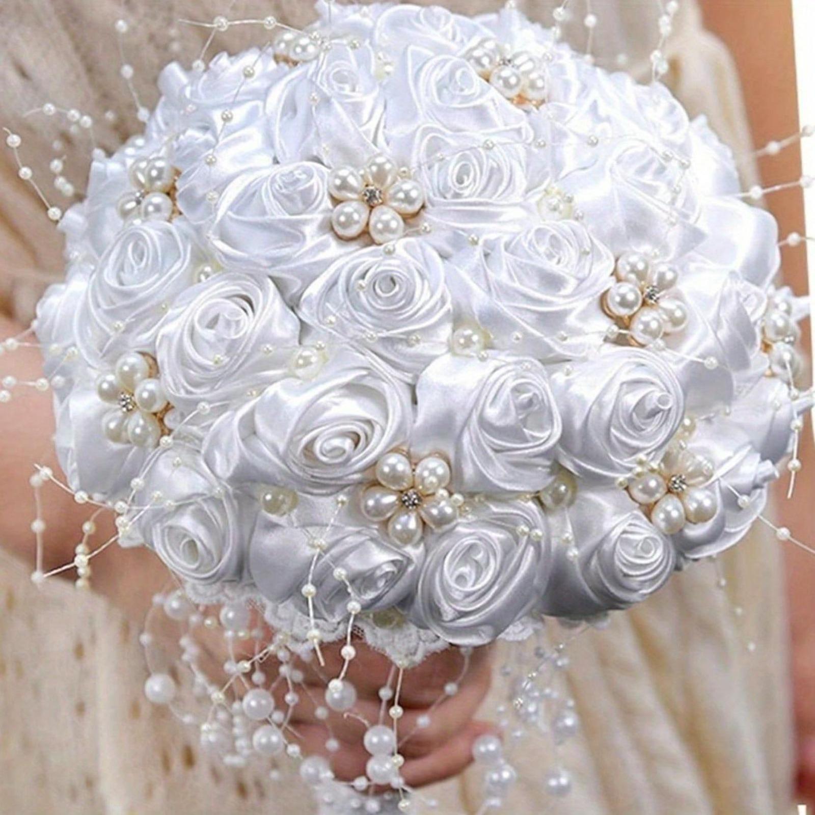 Luxury Rhinestone & Pearl Bridal Bouquet | Wedding Flowers for Bride & Bridesmaid in White & Pink