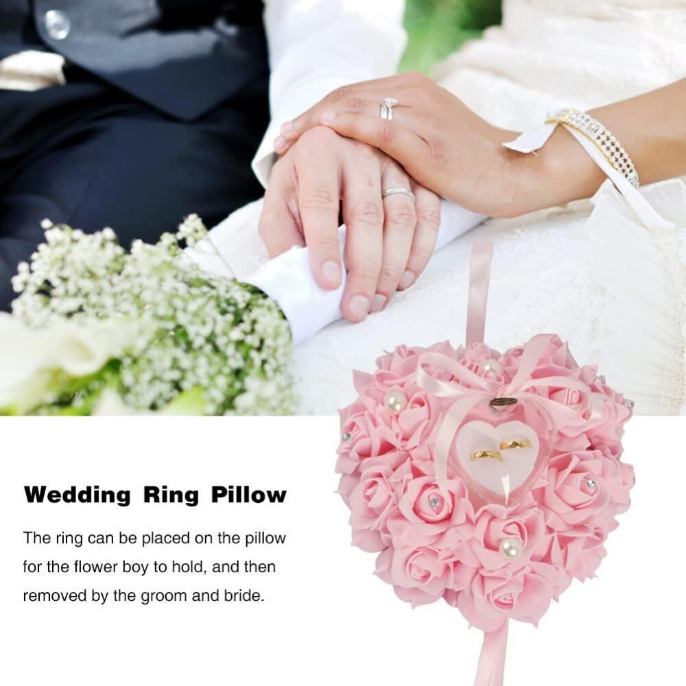 Wedding Ring Pillow Lace Crystal Rose | Love Heart Ring Holder Foam Flower Ring Box for Ceremony Proposal & Valentine's Day Gift in White Beige Pink Purple Red