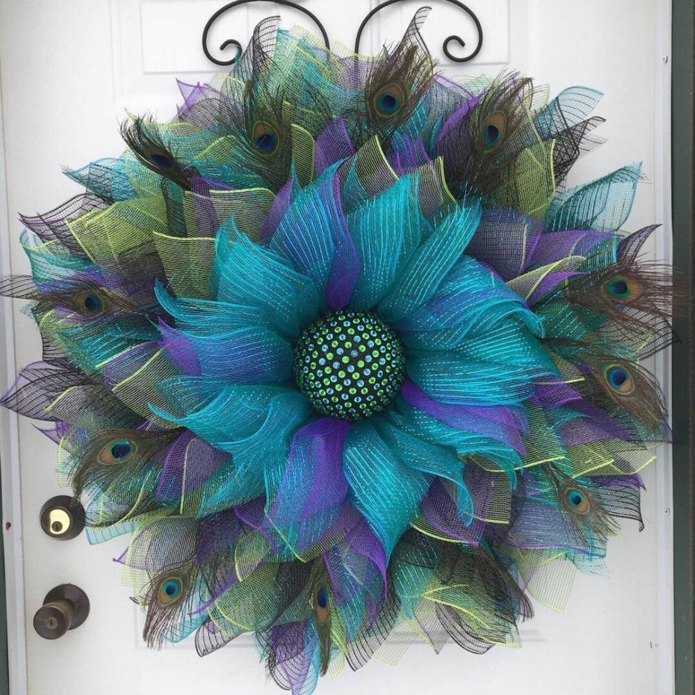 Blue Faux Plume Hanging Wreath | Rustic Boho Festival Ornament for Home Door Wall Wedding & Party Decor