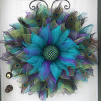 Blue Faux Plume Hanging Wreath | Rustic Boho Festival Ornament for Home Door Wall Wedding & Party Decor
