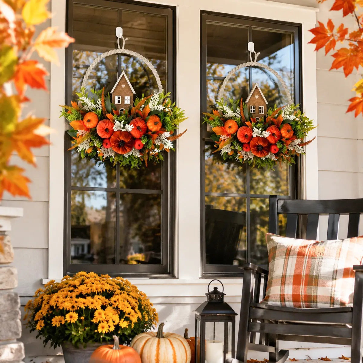 Autumn pumpkin fall wreath with berries styled on a front door with lanterns and fall foliage porch decor