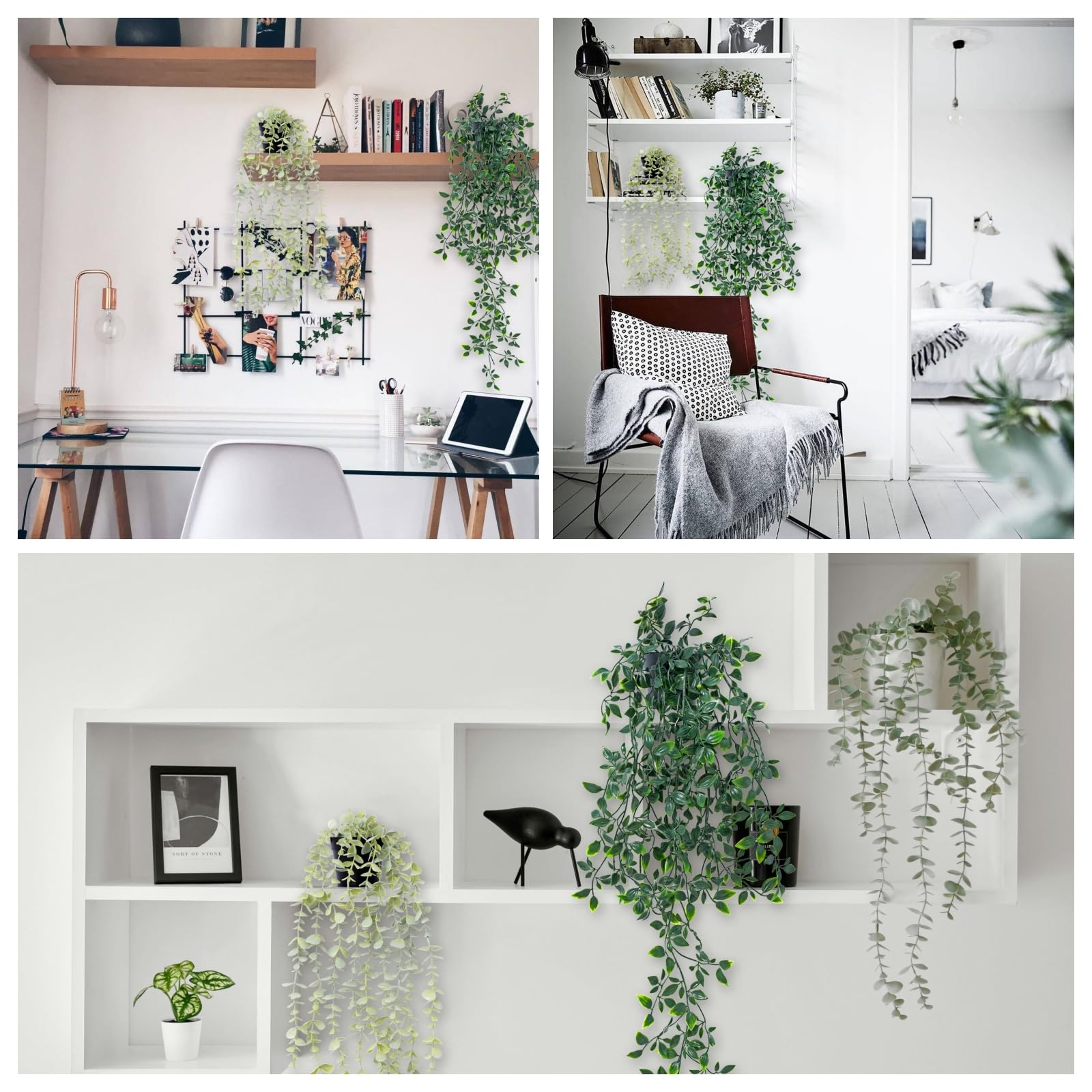 Artificial Hanging Potted Plants | Home Office Bedroom Kitchen Patio Bathroom Bookshelf Indoor & Outdoor Decor in Green Light Green